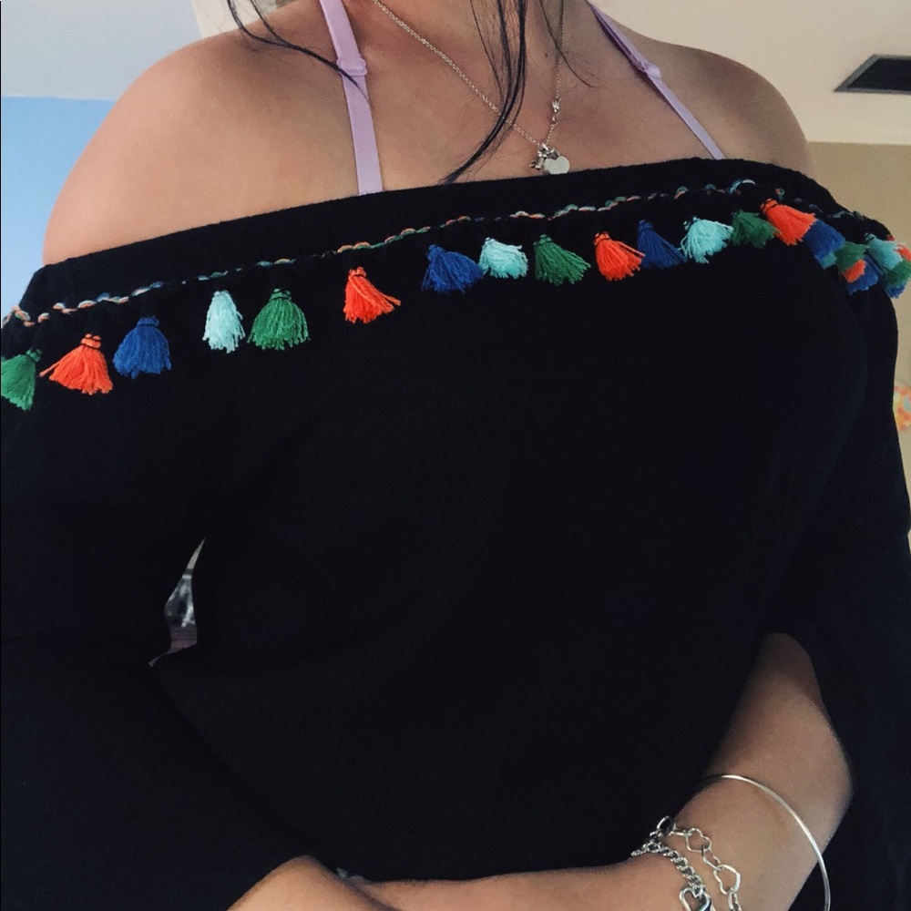 Off the shoulder tassel blouse
